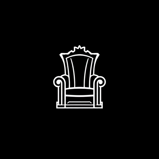 Professional logo design. Create a minimalistic, iconic logo featuring a high-backed throne silhouette with two stylized lion heads facing outward on each armrest. The design should be clean and elegant, using bold white lines and shapes on a dark or black background. The throne and lion heads should be symmetrical and balanced, focusing on simplified details that convey regality, power, and sophistication. The logo should have a modern and professional style, suitable for digital and print use as a brand symbol.