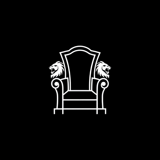 Professional logo design. Create a minimalistic, iconic logo featuring a high-backed throne silhouette with two stylized lion heads facing outward on each armrest. The design should be clean and elegant, using bold white lines and shapes on a dark or black background. The throne and lion heads should be symmetrical and balanced, focusing on simplified details that convey regality, power, and sophistication. The logo should have a modern and professional style, suitable for digital and print use as a brand symbol.