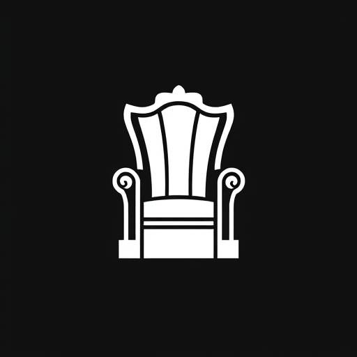 Professional logo design. Create a minimalistic, iconic logo featuring a high-backed throne silhouette with two stylized lion heads facing outward on each armrest. The design should be clean and elegant, using bold white lines and shapes on a dark or black background. The throne and lion heads should be symmetrical and balanced, focusing on simplified details that convey regality, power, and sophistication. The logo should have a modern and professional style, suitable for digital and print use as a brand symbol.