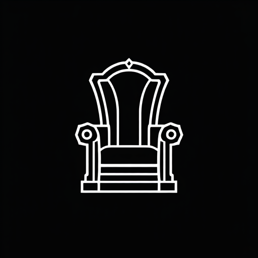 Professional logo design. Create a minimalistic, iconic logo featuring a high-backed throne silhouette with two stylized lion heads facing outward on each armrest. The design should be clean and elegant, using bold white lines and shapes on a dark or black background. The throne and lion heads should be symmetrical and balanced, focusing on simplified details that convey regality, power, and sophistication. The logo should have a modern and professional style, suitable for digital and print use as a brand symbol.