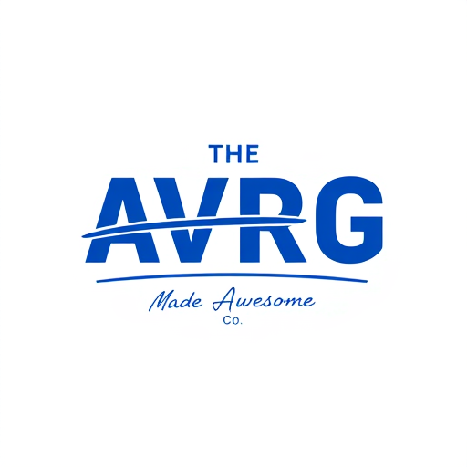 Professional logo design. Create a logo for a Brand called "The AVRG Co" which is a clothing brand, should be in blue color. A clever typographic approach where “AVRG” is stylized with a strike-through or an underline, visually breaking the word “Average” to signify transformation.Example: AVRG with a small “Made Awesome” below in a stylish handwritten or script font.