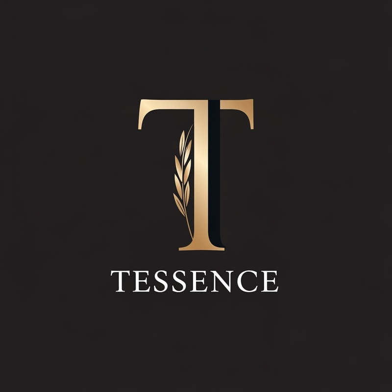 A minimalist, premium logo mark for the Basmati rice brand "Tessence," centered on a sophisticated, geometric letter "T" that elegantly integrates the slender curve of a single long-grain rice husk into its vertical stroke. — Centered, symmetrical vector emblem designed for global luxury appeal. — A palette of refined champagne gold and matte black. — Clean and prestigious mood with subtle metallic gradients. — High-end minimalist graphic design with precise line work and balanced white space. — Feature the exact letter "T" and the word "Tessence"; keep text/logos/labels EXACTLY unchanged; no rewriting, redrawing, correcting, or adding any text; avoid cluttered or rustic elements. — Isolated on a solid, dark, professional background suitable for premium food packaging.