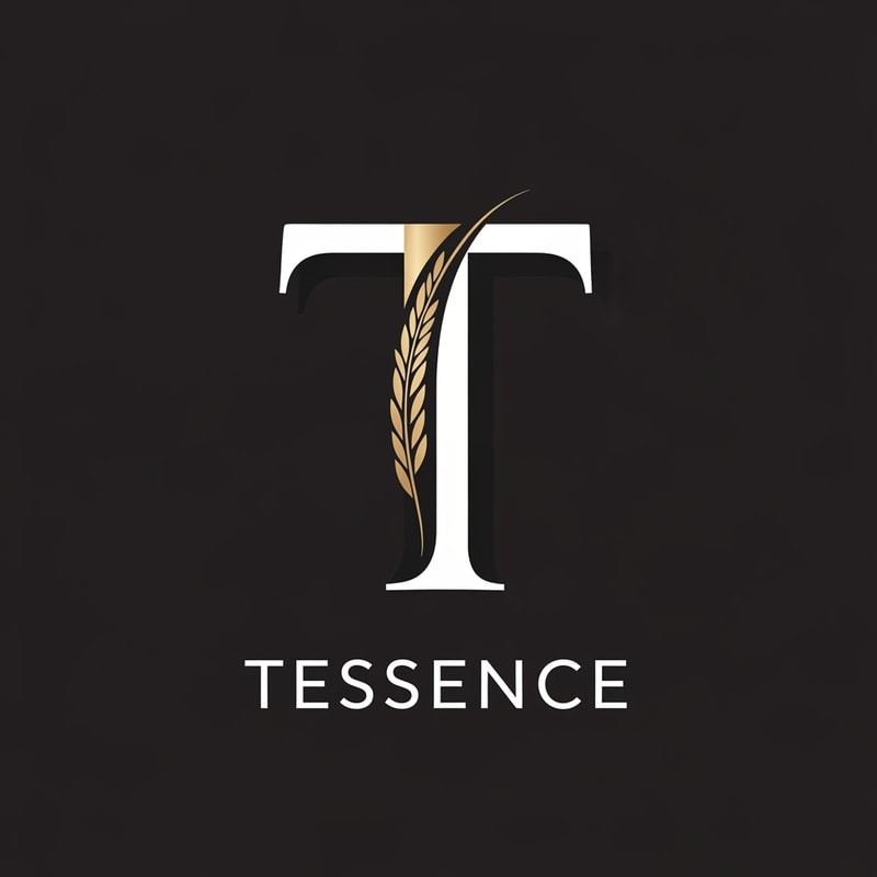 A minimalist, premium logo mark for the Basmati rice brand "Tessence," centered on a sophisticated, geometric letter "T" that elegantly integrates the slender curve of a single long-grain rice husk into its vertical stroke. — Centered, symmetrical vector emblem designed for global luxury appeal. — A palette of refined champagne gold and matte black. — Clean and prestigious mood with subtle metallic gradients. — High-end minimalist graphic design with precise line work and balanced white space. — Feature the exact letter "T" and the word "Tessence"; keep text/logos/labels EXACTLY unchanged; no rewriting, redrawing, correcting, or adding any text; avoid cluttered or rustic elements. — Isolated on a solid, dark, professional background suitable for premium food packaging.