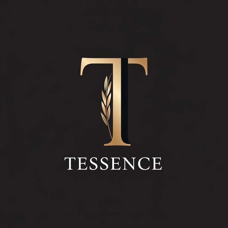 A sophisticated geometric letter "T" logo that integrates the slender curve of a single long-grain rice husk into its vertical stroke, accompanied by the wordmark "Tessence" — Centered and perfectly symmetrical vector emblem designed for global luxury appeal, A refined palette of champagne gold and matte black, Clean and prestigious mood with subtle metallic gradients, High-end minimalist graphic design and vector illustration, Include the exact text "Tessence"; keep text/logos/labels EXACTLY unchanged; no rewriting, redrawing, correcting, or adding any text, Minimalist dark matte background suitable for premium food packaging.