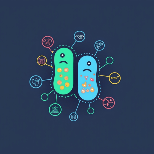Professional logo design. Logo for a microbial ecology research group. Two interacting bacterial E. coli cells are at the center. Connections to microscopy, microfluidics, theoretical modeling, computational modeling extend from the cells into their individual icons. Style is flat, colourful.