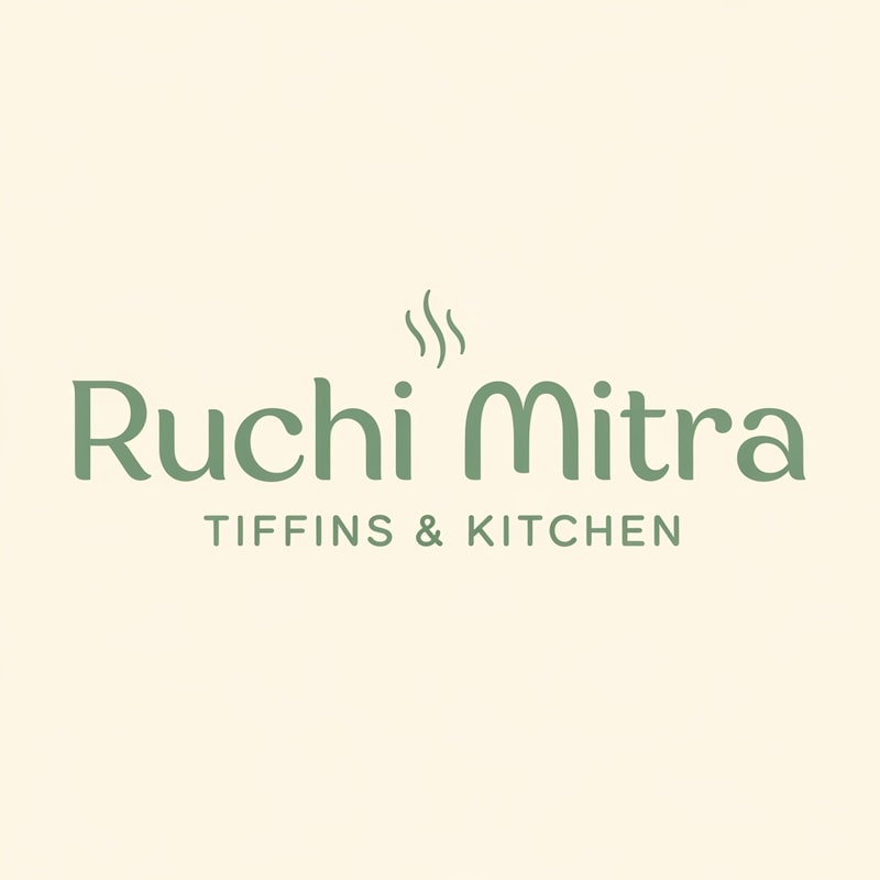 Design a minimal, modern logo for a food brand named “Ruchi Mitra – Tiffins & Kitchen”.
Style: Clean, premium, pastel aesthetic.
Typography: Modern sans-serif font (soft, rounded, elegant).
Layout: Centered wordmark.
“Ruchi Mitra” should be the main focus.
“Tiffins & Kitchen” should appear below in smaller uppercase letters with wide spacing.
Add a very subtle and thin steam line icon above the name (2–3 curved lines only).
Do NOT use chef hats, dosa illustrations, plates, or cartoon icons.
Color palette:
Primary text color: Sage green (#7A8F7A or similar soft muted green).
Background: Warm cream / off-white.
Accent: Very minimal soft peach if needed.
Keep the design minimal, airy, and timeless.
No heavy shadows, no gradients, no clutter.
Flat design only.