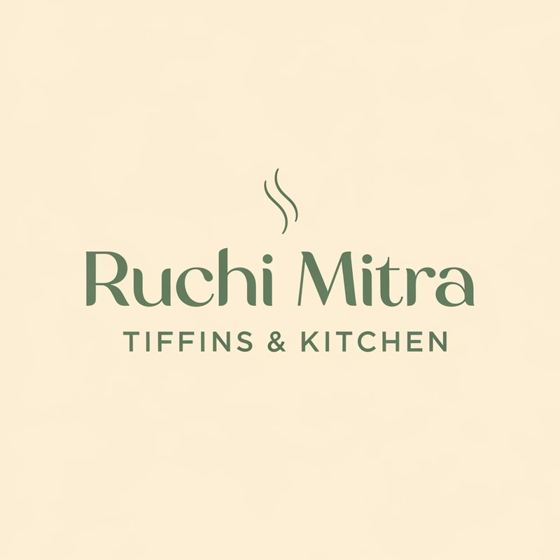 Design a minimal, modern logo for a food brand named “Ruchi Mitra – Tiffins & Kitchen”.

Style: Clean, premium, pastel aesthetic.
Typography: Modern sans-serif font (soft, rounded, elegant).
Layout: Centered wordmark.

“Ruchi Mitra” should be the main focus.
“Tiffins & Kitchen” should appear below in smaller uppercase letters with wide spacing.

Add a very subtle and thin steam line icon above the name (2–3 curved lines only).
Do NOT use chef hats, dosa illustrations, plates, or cartoon icons.

Color palette:
Primary text color: Sage green (#7A8F7A or similar soft muted green).
Background: Warm cream / off-white.
Accent: Very minimal soft peach if needed.

Keep the design minimal, airy, and timeless.
No heavy shadows, no gradients, no clutter.
Flat design only.