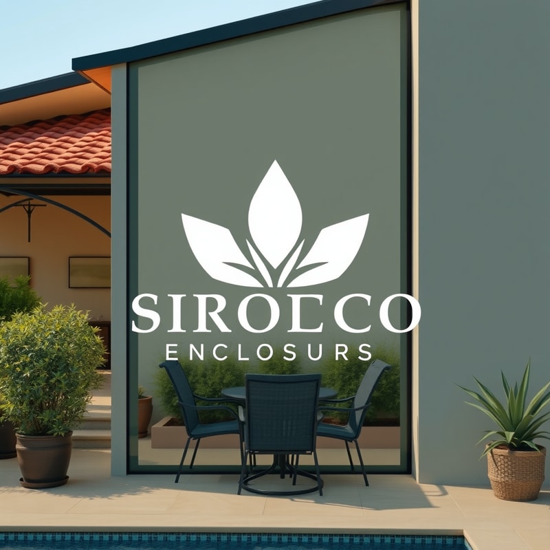 Professional logo design. make a logo based on this:-Name of product: Sirocco Enclosures -Product: High-End Retractable Glass Patio Enclosure -Style: Elegant/Luxurious yet minimalistic/simple. -Color Palette: Tuscan/Mediterranean/Sandy colors: Sandy/Browns/Slate Blue/Olive no bold colors