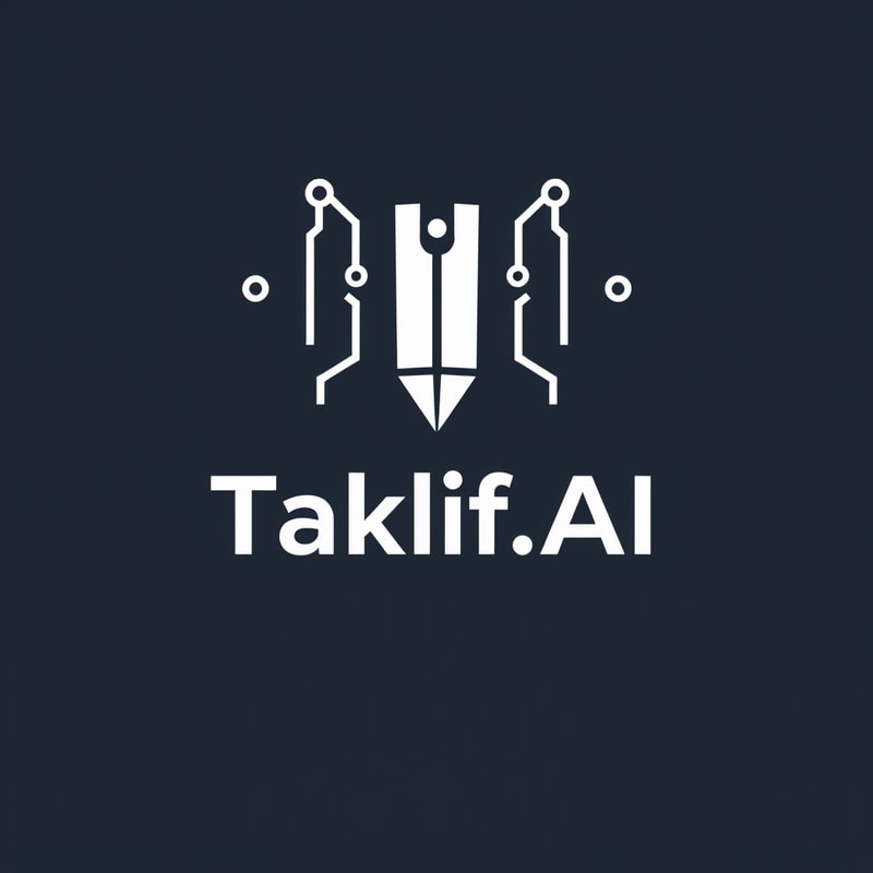 Professional logo design. Design a modern, tech-inspired logo for a startup called 'Taklif.AI.' The word 'Taklif' is Arabic for 'assignment.' Incorporate key elements such as a pen, symbolizing assignments and learning, along with an AI or digital motif to represent artificial intelligence. Use clean lines, minimalist shapes, and a professional color scheme that reflects innovation, education, and technology.