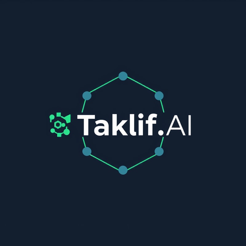 Professional logo design. Design a modern, tech-inspired logo for a startup called 'Taklif.AI.' The word 'Taklif' is Arabic for 'assignment.' Use clean lines, minimalist shapes, and a professional color scheme that reflects innovation, education, and technology.