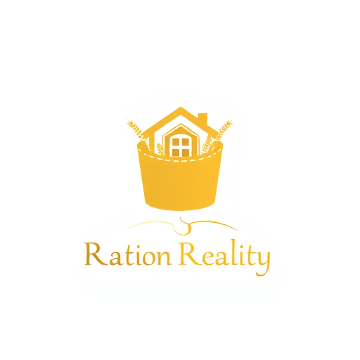 Professional logo design. Logo Concept:coupon ticket outline as the main shape.a grain sack with wheat/rice grains.a minimal outline of a house / apartment building.brand name “Ration Reality” in elegant, stylish typography.