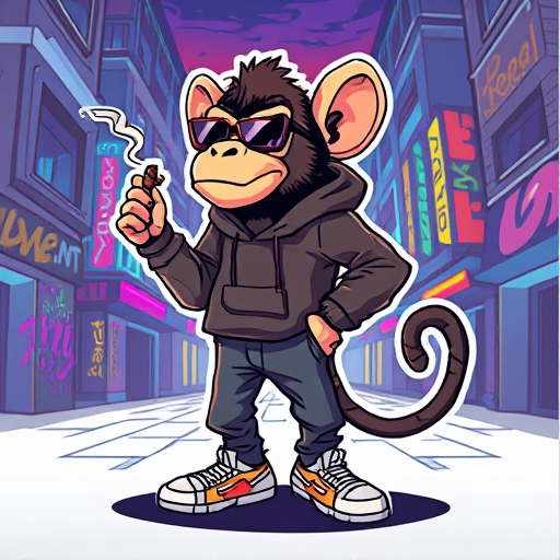Professional logo design. "Create an NFT character of a bold, confident monkey standing upright with a relaxed but rebellious posture. The rabbet should be holding a cigarette or cigar, blowing out a puff of smoke. Its expression should be cocky, with a slight grin and eyes half-lidded behind stylish sunglasses. The monkey wears a cool streetwear outfit, perhaps a leather jacket or oversized hoodie, with casual pants and sneakers. The background can feature a dynamic cityscape with graffiti, neon lights, and an urban vibe, enhancing the edgy character. The style should be playful and cartoonish, with vibrant, eye-catching colors to make the monkey look like a one-of-a-kind, collectible NFT."