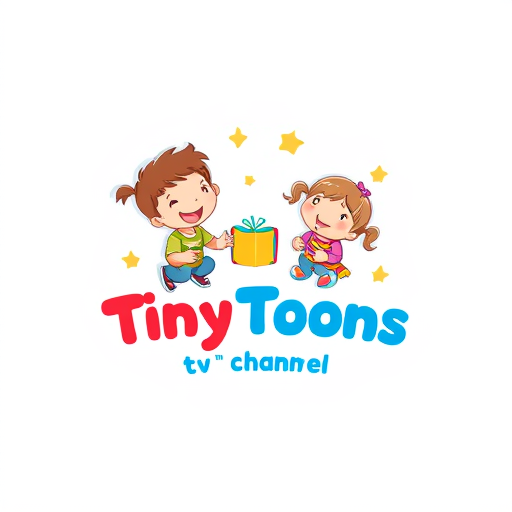 Professional logo design. "Happy TinyToons kids tv channel" kids are present in the logo doing some learning activity