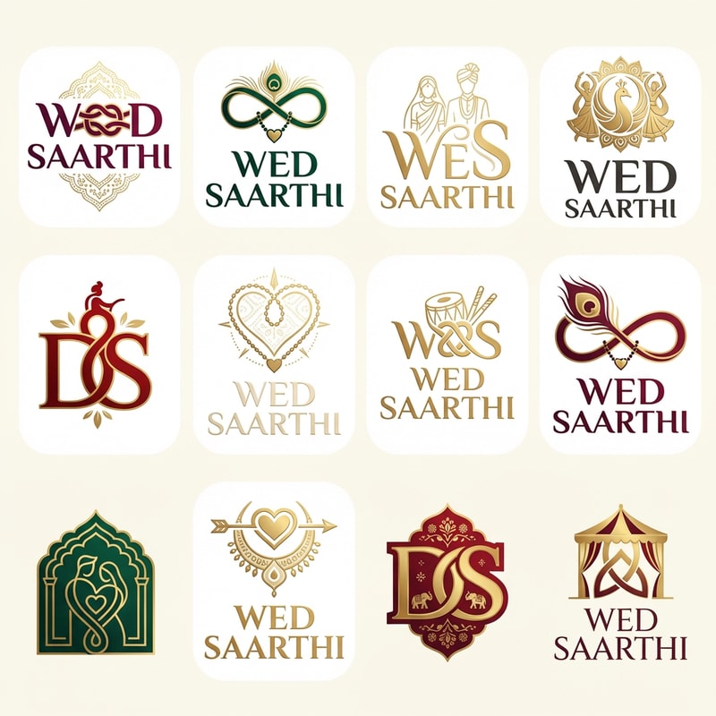 Create a premium wedding app logo showcase for brand name “WED SAARTHI” focused on Gujarat state Indian weddings.

Generate 8–12 different logo variations in one single image, arranged cleanly in a modern grid layout.

Logo concepts should be creative, unique, elegant, and hardworking (not simple or generic).

Design elements to explore across variations:
• Wedding knot connecting D of WED and S of SAARTHI
• Gujarati cultural symbols (subtle motifs inspired by garba, bandhani patterns, peacock feather lines)
• Minimal bride & groom icons integrated into typography
• Infinity knot / saarthi (guide) symbolism
• Heart + mangalsutra knot fusion
• Royal Gujarati wedding vibe

Typography style:
• Custom modern serif + clean sans serif mix
• Strong readable lettering for app icon & brand
• Premium handcrafted typography

Color palette (mix across logos):
• Royal maroon, deep red, gold accents
• Ivory white, pastel peach
• Dark emerald green
• Subtle metallic gold foil effect

Style & finish:
• Flat + minimal + luxury wedding branding
• App-ready logo style
• Clean white / soft ivory background
• High contrast, sharp edges
• No mockups, no shadows, no text descriptions

Output quality:
• Ultra-HD
• Vector-style clarity
• Professional brand identity presentation
• Elegant, aesthetic, eye-catching, trustworthy wedding tech brand

Mood: Trusted Wedding Guide | Gujarati Roots | Modern App | Emotional & Premium

💡 PRO TIP (Important)

If the AI allows negative prompts, add this:

No cartoon, no childish icons, no clutter, no watermark, no stock logo, no blurry design, no random fonts