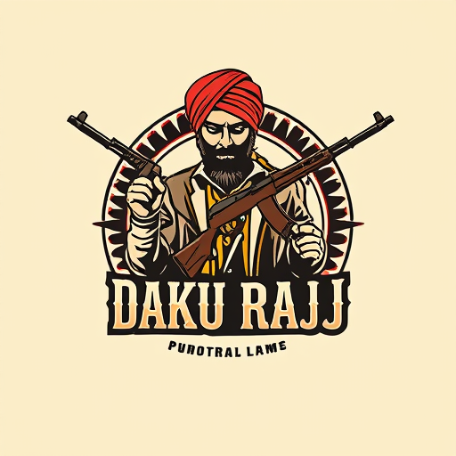 Professional logo design. Make a logo for shooting game Name as DAKU RAJ on local dacoits with AK 47 gun make it local bcz these dacoits are local dacoits and kill people with the men wearing shalwar kameez and sindhi capand and using sindh cultural pattern and sindh and punjab written on lower of daku raj and plz remove circle from back