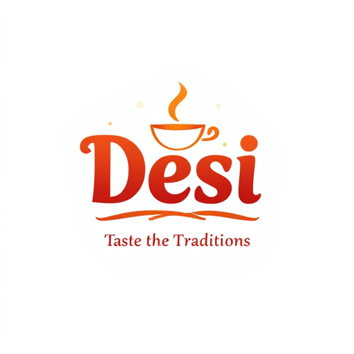 Professional logo design. Design a vibrant and inviting logo for a desi snacks brand. The logo should incorporate warm colors like saffron, deep red, and golden brown, symbolizing rich flavors and spices. The typography should blend modern and traditional styles, evoking authenticity and nostalgia. Include a subtle element like a steaming cup of chai, a crispy pakora, or a hand-drawn namakpara to emphasize desi snacks. The tagline 'Taste the Traditions' should be elegantly integrated into the design. The overall look should be friendly, energetic, and appetizing.