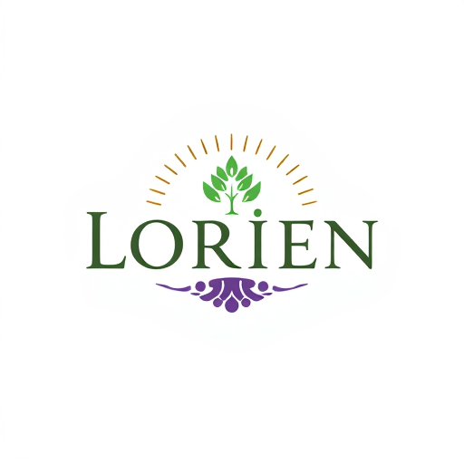 Professional logo design. “Design a logo for a company named Lorien, embodying values of Abundance, Stability, Visionary thinking, Magic, Community, and Grit. Use an ancient, solid font that feels strong and grounded, with the letter ‘O’ as a central icon symbolizing tree rings and growth. The ‘O’ should have a small sprout or crown emerging organically, representing renewal and leadership. Integrate a subtle foundation at the bottom of the letters for stability, and add a soft, radiating pattern around the design to convey community and abundance. Include lilac accents for a mystical touch. The ‘O’ icon should also work well as a standalone symbol.”