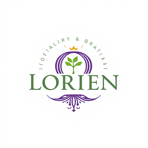 Professional logo design. “Design a logo for a company named Lorien, embodying values of Abundance, Stability, Visionary thinking, Magic, Community, and Grit. Use an ancient, solid font that feels strong and grounded, with the letter ‘O’ as a central icon symbolizing tree rings and growth. The ‘O’ should have a small sprout or crown emerging organically, representing renewal and leadership. Integrate a subtle foundation at the bottom of the letters for stability, and add a soft, radiating pattern around the design to convey community and abundance. Include lilac accents for a mystical touch. The ‘O’ icon should also work well as a standalone symbol.”
