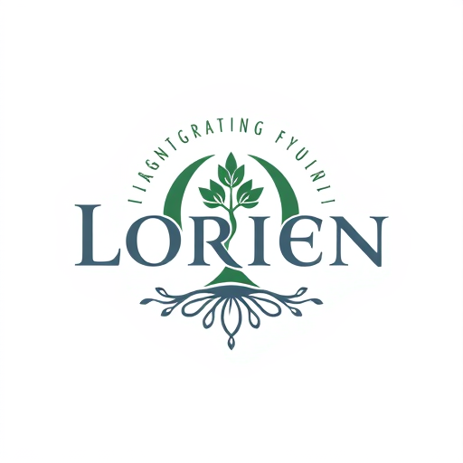 Professional logo design. “Design a logo for a company named Lorien, embodying values of Abundance, Stability, Visionary thinking, Magic, Community, and Grit. Use an ancient, solid font that feels strong and grounded, with the letter ‘O’ as a central icon symbolizing tree rings and growth. The ‘O’ should have a small sprout or crown emerging organically, representing renewal and leadership. Integrate a subtle foundation at the bottom of the letters for stability, and add a soft, radiating pattern around the design to convey community and abundance. Include lilac accents for a mystical touch. The ‘O’ icon should also work well as a standalone symbol.”