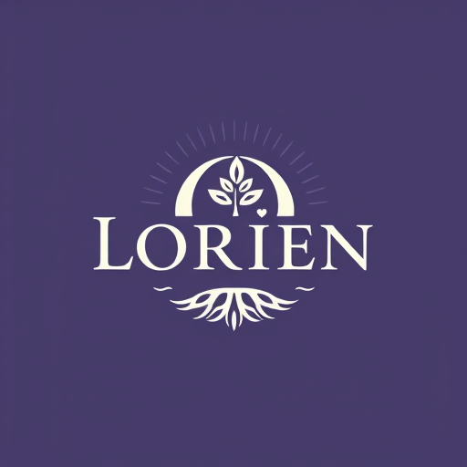 Professional logo design. “Design a logo for a company named Lorien, embodying values of Abundance, Stability, Visionary thinking, Magic, Community, and Grit. Use an ancient, solid font that feels strong and grounded, with the letter ‘O’ as a central icon symbolizing tree rings and growth. The ‘O’ should have a small sprout or crown emerging organically, representing renewal and leadership. Integrate a subtle foundation at the bottom of the letters for stability, and add a soft, radiating pattern around the design to convey community and abundance. Include lilac accents for a mystical touch. The ‘O’ icon should also work well as a standalone symbol.”