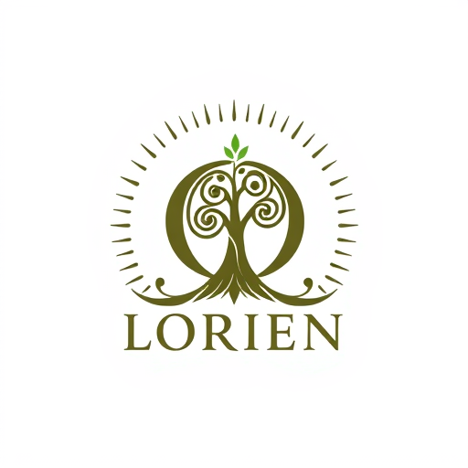 Professional logo design. “Design a logo for a company named Lorien, embodying values of Abundance, Stability, Visionary thinking, Magic, Community, and Grit. Use an ancient, solid font that feels strong and grounded, with the letter ‘O’ as a central icon symbolizing tree rings and growth. The ‘O’ should have a small sprout or crown emerging organically, representing renewal and leadership. Integrate a subtle foundation at the bottom of the letters for stability, and add a soft, radiating pattern around the design to convey community and abundance. Include lilac accents for a mystical touch. The ‘O’ icon should also work well as a standalone symbol.”