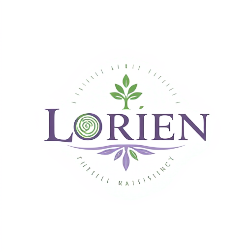 Professional logo design. “Design a logo for a company named Lorien, embodying values of Abundance, Stability, Visionary thinking, Magic, Community, and Grit. Use an ancient, solid font that feels strong and grounded, a central icon symbolizing tree rings and growth. The ‘O’ should have a small sprout or crown emerging organically, representing renewal and leadership. Integrate a subtle foundation at the bottom of the letters for stability, and add a soft, radiating pattern around the design to convey community and abundance. Include lilac accents for a mystical touch. The ‘O’ icon should also work well as a standalone symbol.”