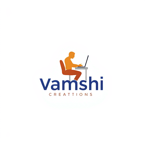 Professional logo design. vamshi creations logo ornage and white color and cenimatic font background like a man on the chair working with computer