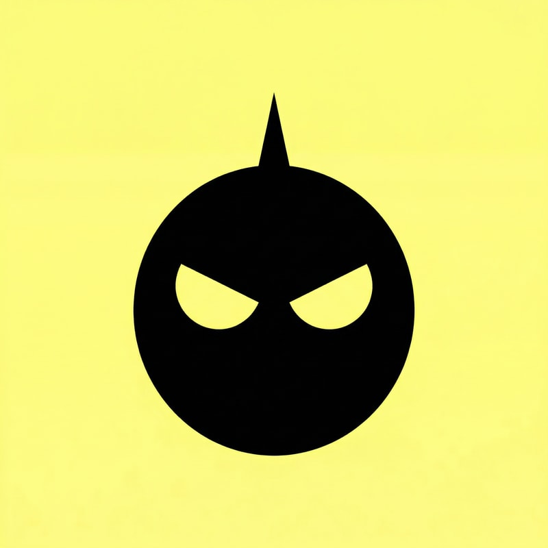 A highly minimal, intimidating esports mascot featuring a perfectly round black sphere head. The head is topped with a single, small, sharp spike projecting vertically. The face contains only two slightly tilted oval yellow eyes, conveying an intense, expressive stare. — Professional, centered, and perfectly symmetrical view, designed as a tight logo graphic with strong visual impact, graphic design — Dominant palette of solid black for the character silhouette and bright, high-saturation yellow for the background and eyes — Flat, graphic lighting that eliminates all dimensionality and shading, ensuring a bold, high-contrast, professional feel — Modern digital illustration utilizing crisp, geometric vector graphics suitable for branding; graphic design — Strictly flat design; avoid all gradients, shadows, 3D effects, textures, and line work; no text, logos, or labels whatsoever — A solid, uniform, brilliant yellow color field filling the entire canvas.