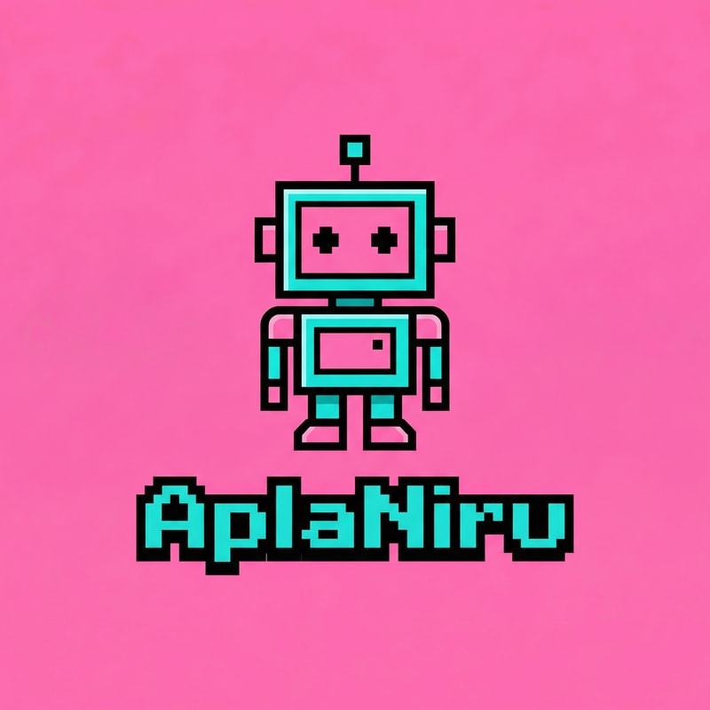 A minimalist, modern gaming logo for "AplaNiru".  
The design features a stylized, simple robot or character inspired by retro pixel art, with clean geometric shapes and flat colors.  
Use a bright, vibrant color palette (pink, turquoise, black) for high contrast.  
The robot/character is upright, centered, and iconic, suitable for a YouTube avatar.  
The background is solid bright pink or white for clarity.  
Style: flat, 2D, clean lines, minimal details, playful yet professional, easy to recognize at small sizes.
