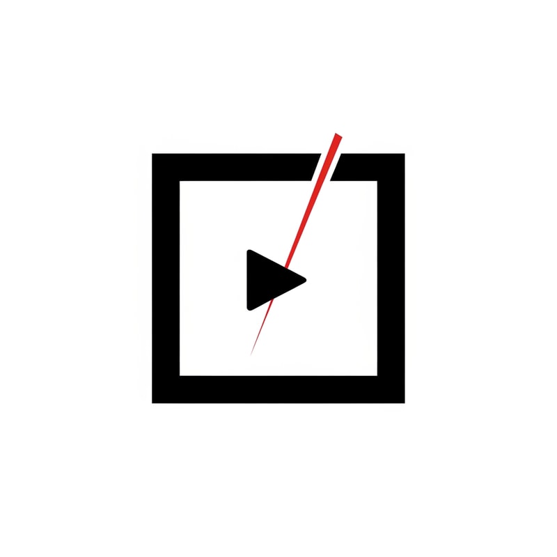 A minimal 2D geometric logo symbol for a professional video editor consisting of a solid black square or rectangular frame with a single sharp red linear cut — Centered, balanced, and bold composition using only straight lines to evoke a video transition or frame. — High-contrast palette of solid black with one small red accent. — Calm, confident, and professional modern mood. — Flat vector graphic design. — Strictly no 3D elements, gradients, shadows, or textures; no text, letters, play buttons, or camera symbols; use only simple flat geometry. — Solid, plain white background.