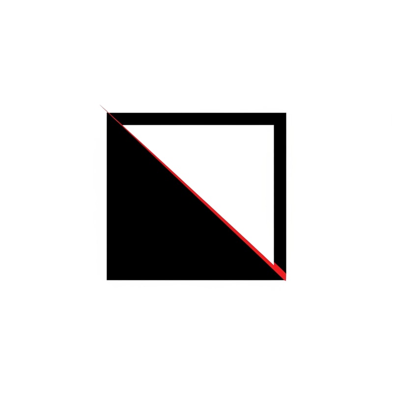 A minimal 2D geometric logo symbol for a professional video editor consisting of a solid black square or rectangular frame with a single sharp red linear cut — Centered, balanced, and bold composition using only straight lines to evoke a video transition or frame. — High-contrast palette of solid black with one small red accent. — Calm, confident, and professional modern mood. — Flat vector graphic design. — Strictly no 3D elements, gradients, shadows, or textures; no text, letters, play buttons, or camera symbols; use only simple flat geometry. — Solid, plain white background.