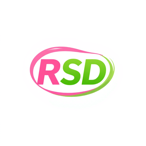 Professional logo design. Create a flat vector, illustrative-style abstract concept logo design for a social media channel named 'New updates RSD', using swirling shapes that suggest motion and dynamism, forming the letters 'RSD' subtly within the design. Employ a lively color palette of pink and green to represent freshness and excitement against a white background. Do not show any realistic photo detail shading.