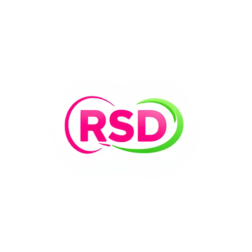 Professional logo design. Create a flat vector, illustrative-style abstract concept logo design for a social media channel named 'New updates RSD', using swirling shapes that suggest motion and dynamism, forming the letters 'RSD' subtly within the design. Employ a lively color palette of pink and green to represent freshness and excitement against a white background. Do not show any realistic photo detail shading.