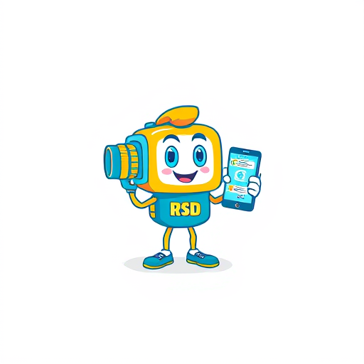 Professional logo design. :Create a flat vector, illustrative-style mascot logo design for a social media channel named 'New updates RSD', featuring an animated character representing a video camera with a friendly face, holding a smartphone displaying notifications. Use cheerful colors like yellow and aqua to convey friendliness and social connection against a white background. Do not show any realistic photo detail shading. 
