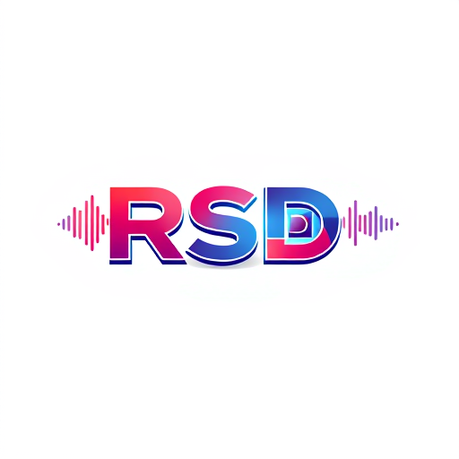 Professional logo design. Create a flat vector, illustrative-style abstract concept logo design for a social media channel named 'New updates RSD', illustrating sound waves and video frames merging into the letters 'RSD' to represent audio-visual content. Use a gradient color scheme of red and blue to convey creativity and cutting-edge technology against a white background. Do not show any realistic photo detail shading.
