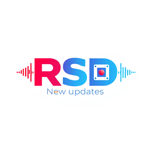 Professional logo design. Create a flat vector, illustrative-style abstract concept logo design for a social media channel named 'New updates RSD', illustrating sound waves and video frames merging into the letters 'RSD' to represent audio-visual content. Use a gradient color scheme of red and blue to convey creativity and cutting-edge technology against a white background. Do not show any realistic photo detail shading. 