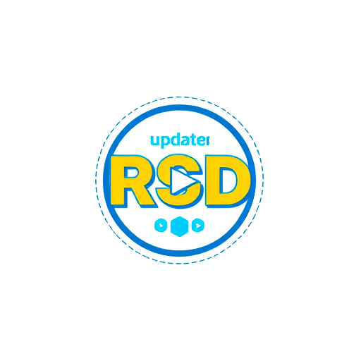 Professional logo design. Create a flat vector, illustrative-style emblem logo design for a social media channel named 'New updates RSD', where 'RSD' is encased within a circular badge, incorporating a video play button motif to emphasize the video aspect. Use bold blue and yellow colors to highlight energy and creativity against a white background. Do not show any realistic photo detail shading.