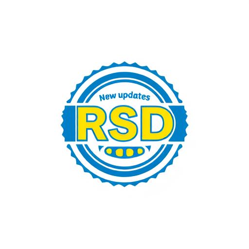 Professional logo design. Create a flat vector, illustrative-style emblem logo design for a social media channel named 'New updates RSD', where 'RSD' is encased within a circular badge, incorporating a video play button motif to emphasize the video aspect. Use bold blue and yellow colors to highlight energy and creativity against a white background. Do not show any realistic photo detail shading.