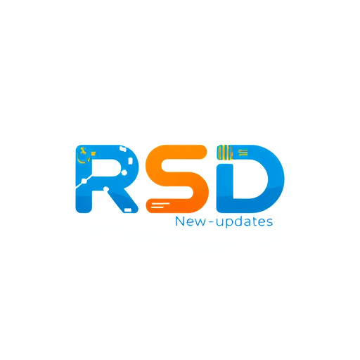 Professional logo design. Create a flat vector, illustrative-style wordmark logo design for a social media channel named 'New updates RSD', where the 'RSD' is stylized with a modern typeface and interconnected letters, suggesting connectivity and updates. Use vibrant blue and orange colors symbolize technology and engagement against a white background. Do not show any photo detail shading.
