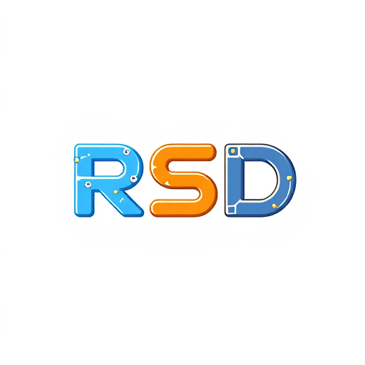 Professional logo design. Create a flat vector, illustrative-style wordmark logo design for a social media channel named 'New updates RSD', where the 'RSD' is stylized with a modern typeface and interconnected letters, suggesting connectivity and updates. Use vibrant blue and orange colors symbolize technology and engagement against a white background. Do not show any photo detail shading.