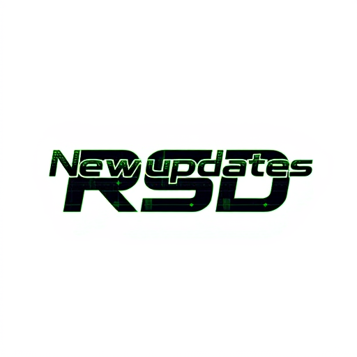 Professional logo design. Create a flat vector, illustrative-style wordmark logo design for a social media channel named 'New updates RSD', where the entire name is stylized with a digital font, incorporating pixelated elements to evoke a modern tech vibe. Use a mix of black and neon green to symbolize digital innovation and clarity against a white background. Do not show any realistic photo detail shading.