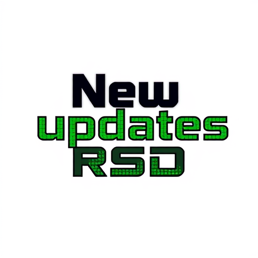 Professional logo design. Create a flat vector, illustrative-style wordmark logo design for a social media channel named 'New updates RSD', where the entire name is stylized with a digital font, incorporating pixelated elements to evoke a modern tech vibe. Use a mix of black and neon green to symbolize digital innovation and clarity against a white background. Do not show any realistic photo detail shading.