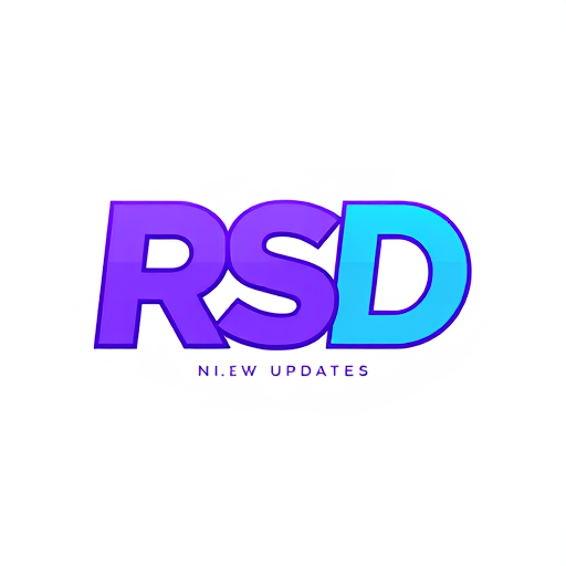 Professional logo design. Create a flat vector, illustrative-style lettermark logo design for a social media channel named 'New updates RSD', featuring bold, overlapping initials 'RSD' in a dynamic layout. Use a gradient of electric purple and teal to convey creativity and innovation against a white background. Do not show any realistic photo detail shading.