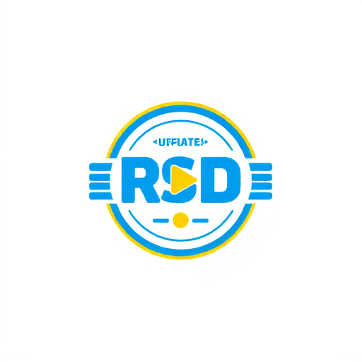 Professional logo design. Create a flat vector, illustrative-style emblem logo design for a social media channel named 'New updates RSD', where 'RSD' is encased within a circular badge, incorporating a video play button motif to emphasize the video aspect. Use bold blue and yellow colors to highlight energy and creativity against a white background. Do not show any realistic photo detail shading.
