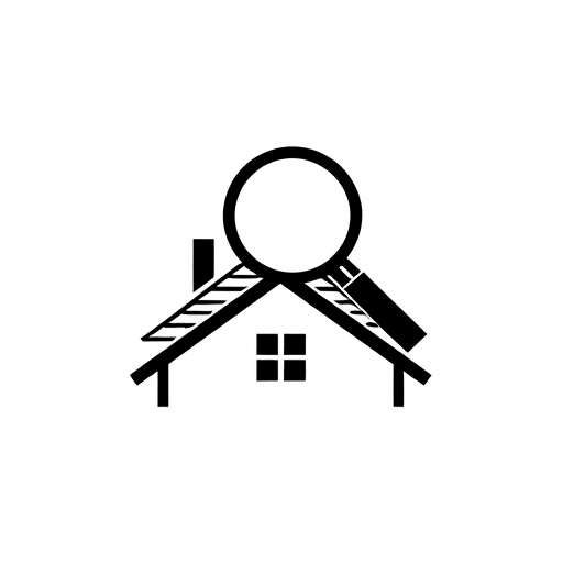 Professional logo design. A very simple solid black icon representing roof inspection. The icon shows a roof with rectangular shingles on top of a house, with a large magnifying glass above the roof. The magnifying glass is in front of the roof on top of the roof above the house. The icon is filled with solid black and the background is white.