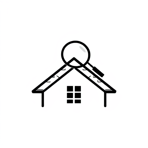 Professional logo design. A very simple solid black icon representing roof inspection. The icon shows a roof with rectangular shingles on top of a house, with a large magnifying glass above the roof. The magnifying glass is in front of the roof on top of the roof above the house. The icon is filled with solid black and the background is white.