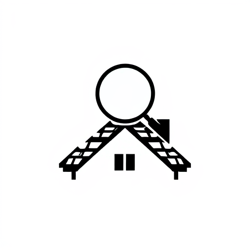 Professional logo design. A very simple solid black icon representing roof inspection. The icon shows a roof with rectangular shingles on top of a house, with a large magnifying glass above the roof. The magnifying glass is in front of the roof on top of the roof above the house. The icon is filled with solid black and the background is white.