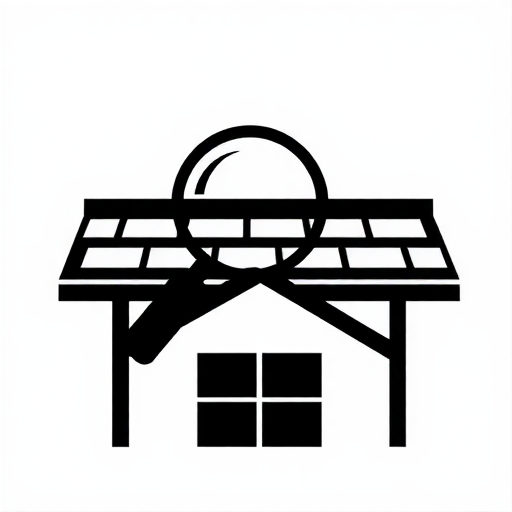 Professional logo design. A very simple solid black icon representing roof inspection. The icon shows a roof with rectangular shingles on top of a house, with a large magnifying glass above the roof. The magnifying glass is in front of the roof on top of the roof above the house. The icon is filled with solid black and the background is white.