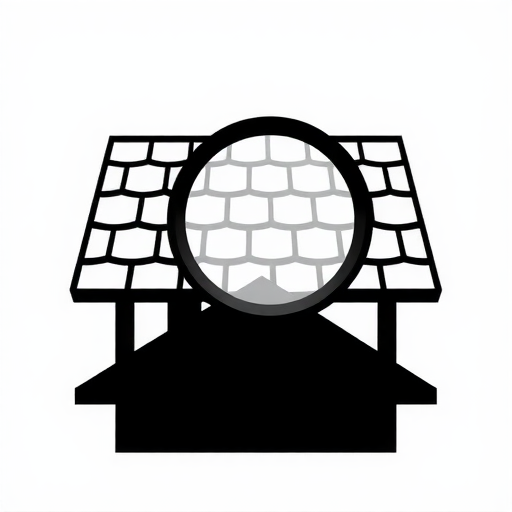 Professional logo design. A very simple solid black icon representing roof inspection. The icon shows a roof with rectangular shingles on top of a house, with a large magnifying glass above the roof. The magnifying glass is in front of the roof on top of the roof above the house. The icon is filled with solid black and the background is white.