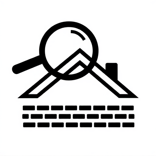 Professional logo design. A very simple solid black icon representing roof inspection. The icon shows a roof with rectangular shingles on top of a house, with a large magnifying glass above the roof. The magnifying glass is in front of the roof on top of the roof above the house. The icon is filled with solid black and the background is white.